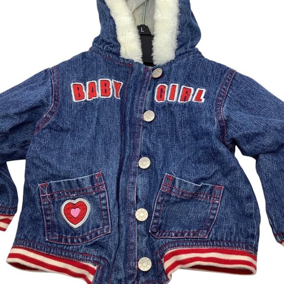Mon Petit Baby Girl Size 24M Denim Jacket With Faux Fur Hood & Heart Patch - Picture 9 of 16
